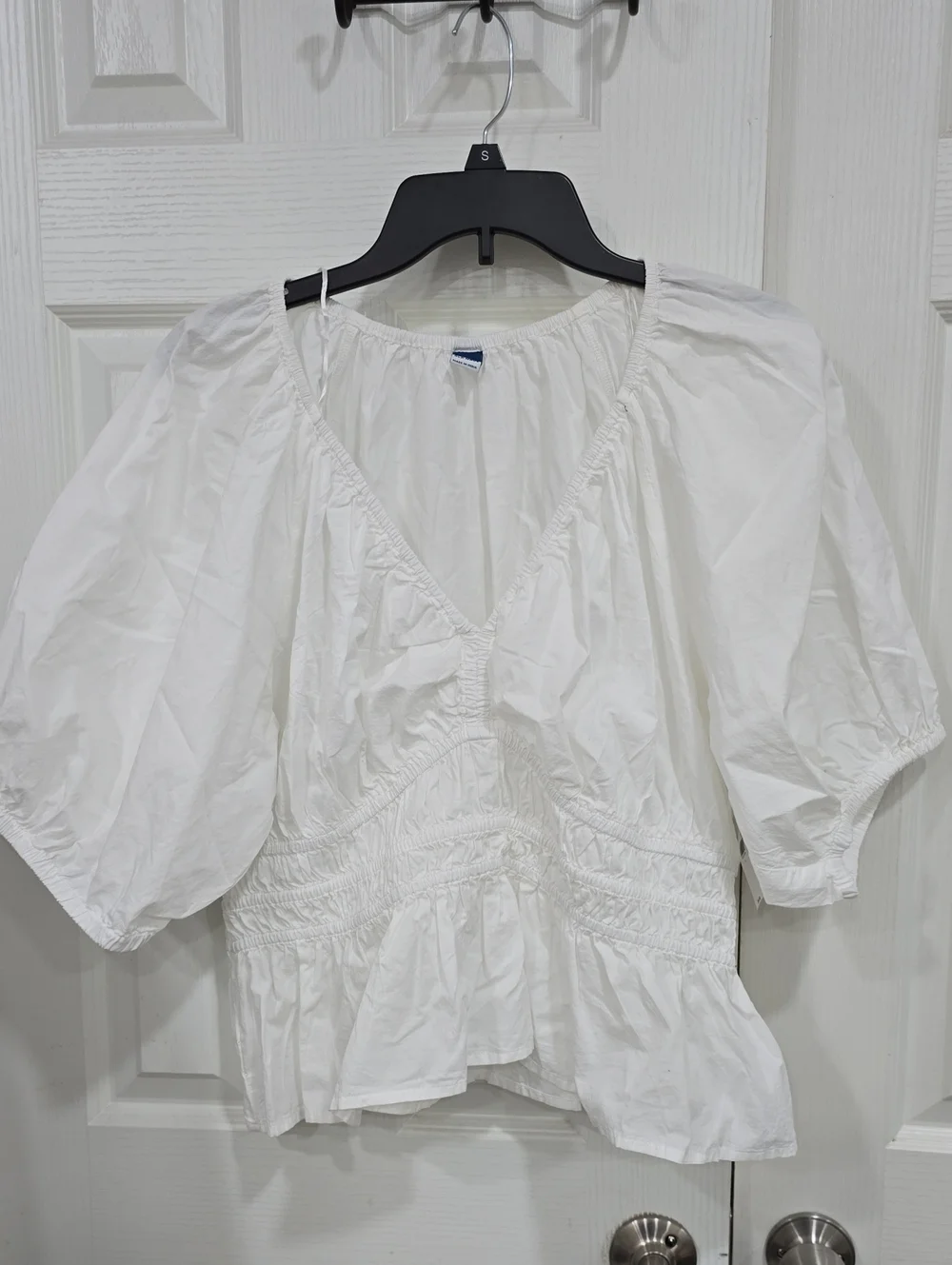 Old Navy White V-Neck Peasant Top with Smocked Waist